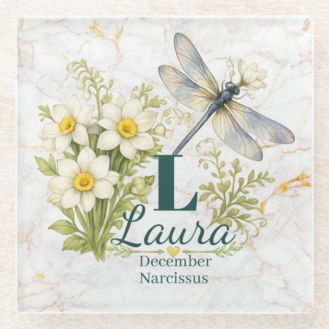 Dezember-Geburtsblume Narzisse & Libelle Glasuntersetzer (Vorderseite)