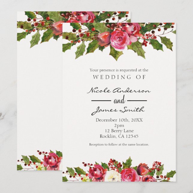 Dezember Winter Wedding Holly Berry Floral Holiday Einladung (Vorne/Hinten)