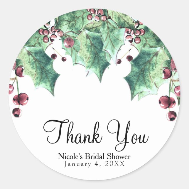 Dezember Winter Wedding Holly Berry Holiday Favor Runder Aufkleber (Vorderseite)