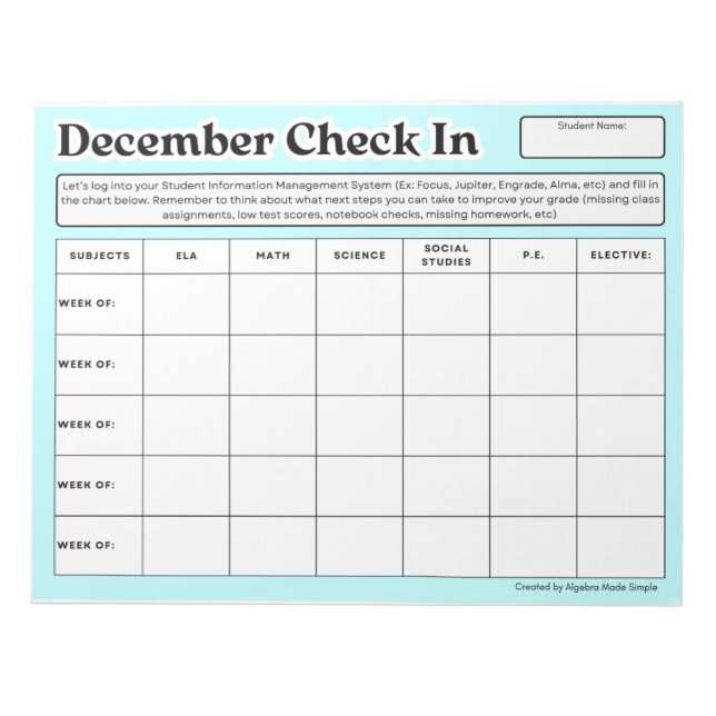 Dezember wöchentlicher Karo Studierender in der Kl Notizblock (Vorderseite)