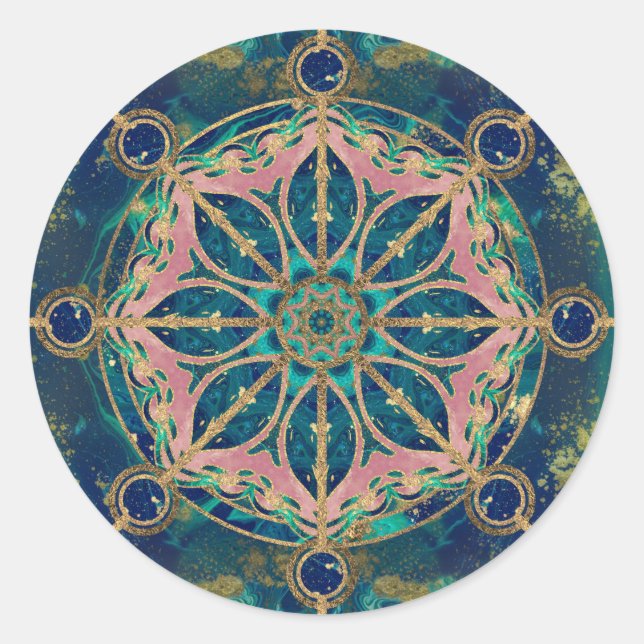 Dharma Wheel - Dharmachakra Gemstone & Gold Runder Aufkleber (Vorderseite)