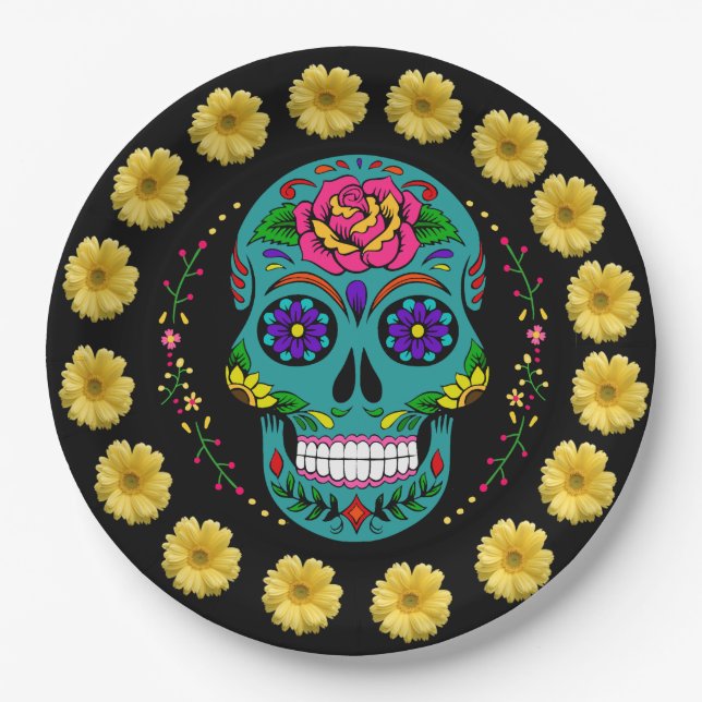 Dia de los Muertos Aquamarin Sugar Skull & Daisies Pappteller (Vorderseite)