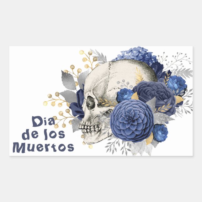 Dia de los Muertos Blue Floral Skull Rechteckiger Aufkleber (Vorderseite)