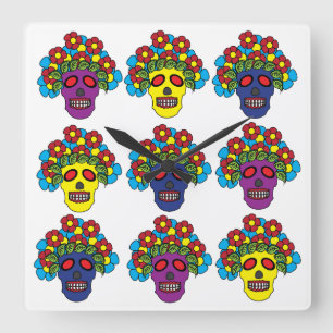 Dia De Los Muertos Blumenschädel Dia De Los Muerto Quadratische Wanduhr