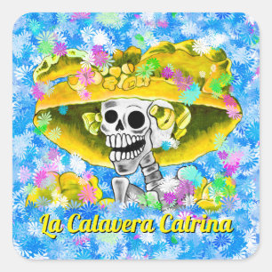 Dia De Los Muertos Calavera in Yellow Bonnet Quadratischer Aufkleber