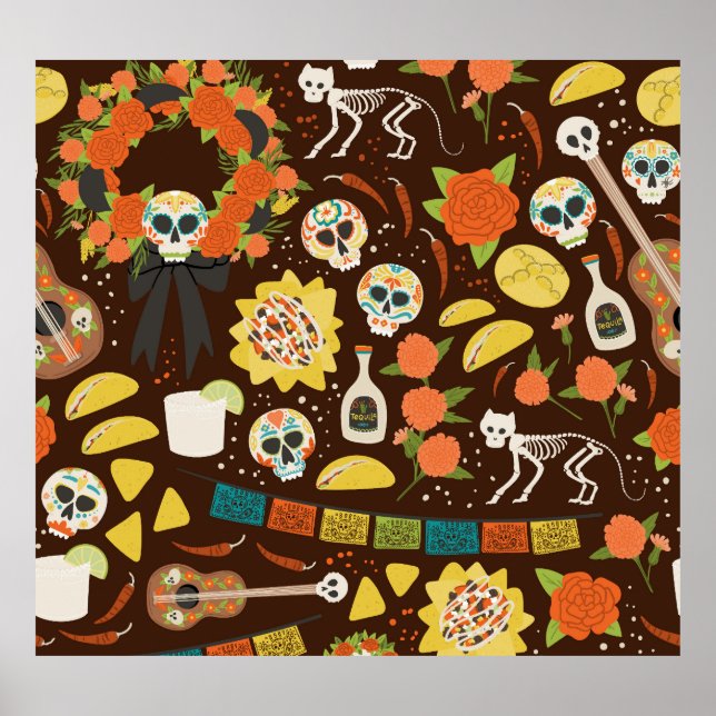 Dia De Los Muertos, Cartoon-Muster. Poster (Vorne)