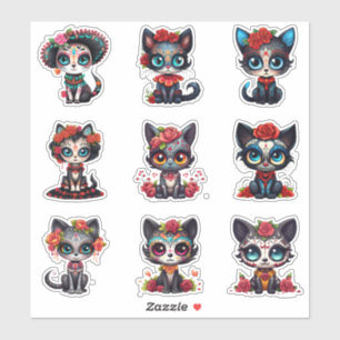 Dia de Los Muertos Cat Stickers - Set von 9 Aufkleber