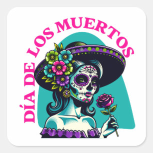 Día de los Muertos Catrina Rose Pop-Art Quadratischer Aufkleber