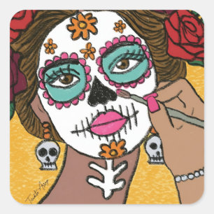 Dia de los Muertos Florales Make-up  Quadratischer Aufkleber