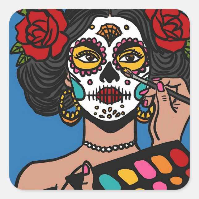 Dia de los Muertos Hand Drawn Catrina Quadratischer Aufkleber (Vorderseite)