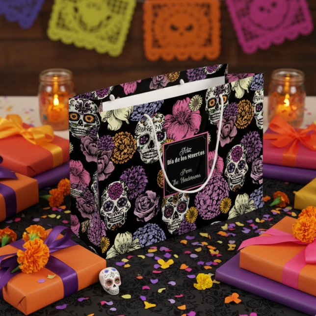 Dia de los Muertos Mexican Sugar Skulls & Blume Große Geschenktüte (Colorful Mexican Dia De los Muertos Calavera Gift Bag. Sugar Skulls, Flowers & Roses for Halloween)
