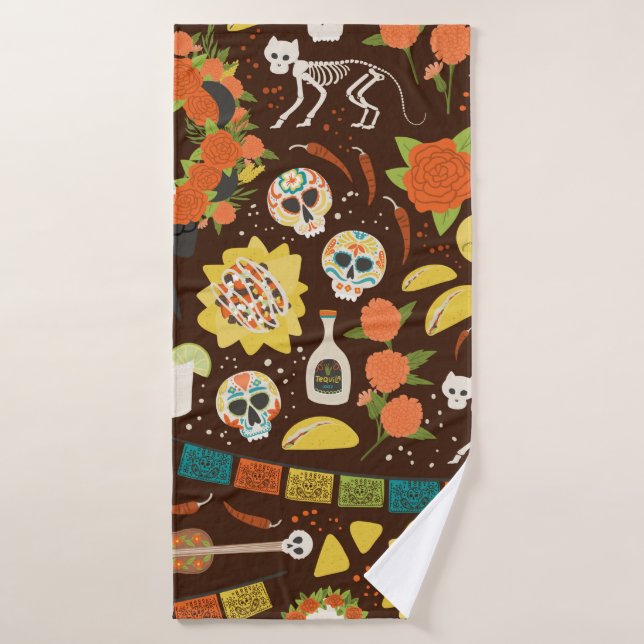 Dia De Los Muertos nahtloses, handgezogenes Modell Badehandtuch (Badehandtuch)