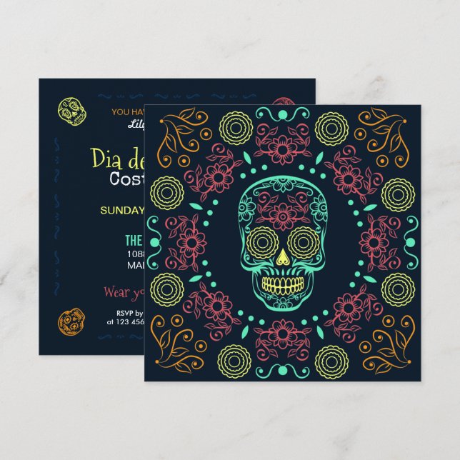 Dia de los Muertos Neon Floral Skull | Einladung (Vorne/Hinten)
