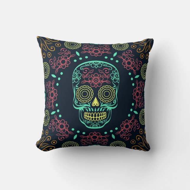 Dia de los Muertos Neon Floral Skull Throw Kissen (Vorderseite)