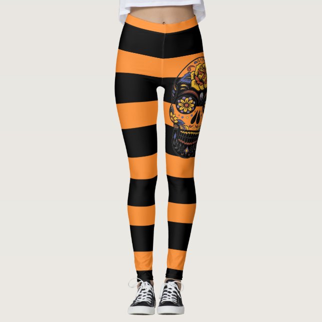 Dia de Los Muertos Orange Black and Sugar Skull Leggings (Vorderseite)