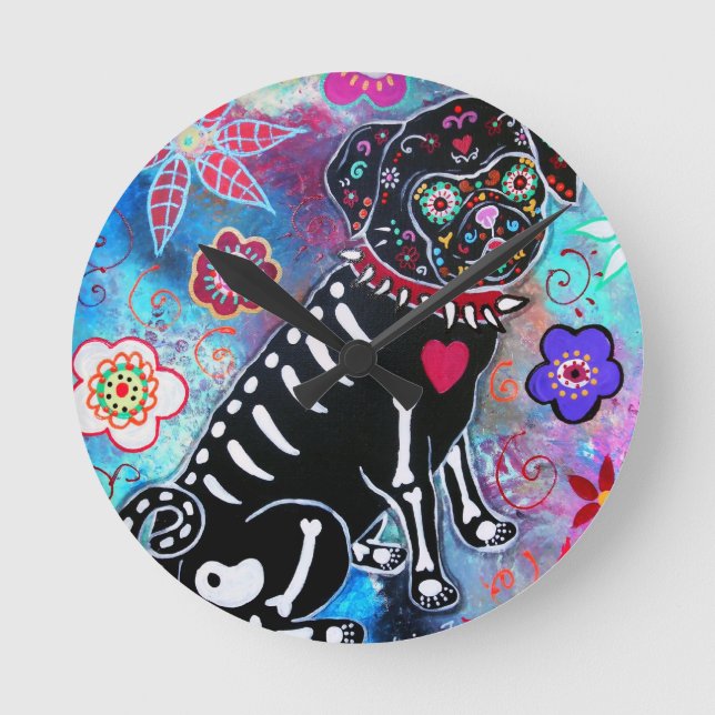 Dia de los Muertos Pug Dog Lover Runde Wanduhr (Vorderseite)