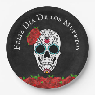 Día De Los Muertos Red Turquoise Sugar Skull Pappteller