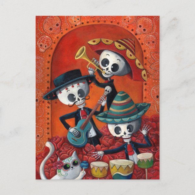 Dia de Los Muertos Skeleton Mariachi Trio Postkarte (Vorderseite)