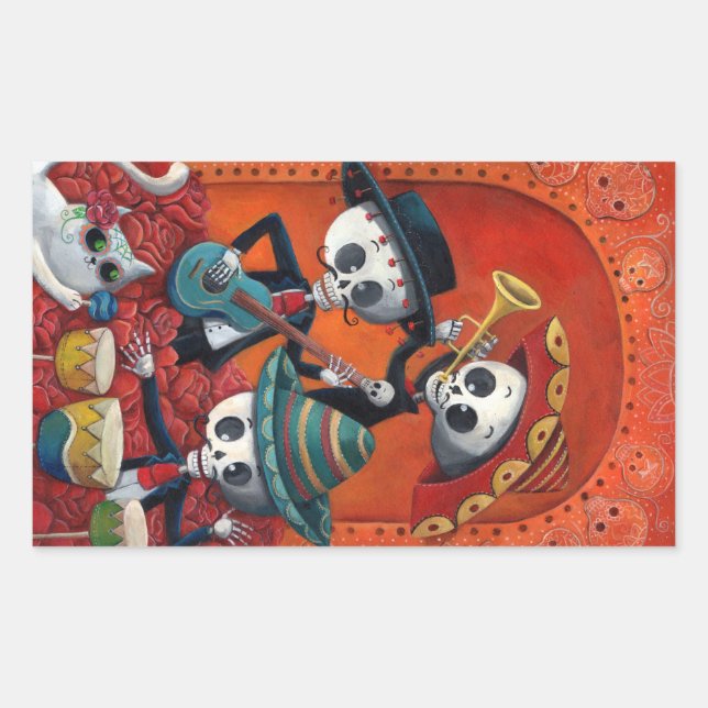 Dia de Los Muertos Skeleton Mariachi Trio Rechteckiger Aufkleber (Vorderseite)