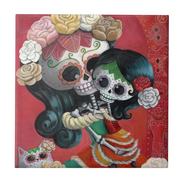 Dia de Los Muertos Skeletons Mutter und Tochter Fliese (Vorderseite)