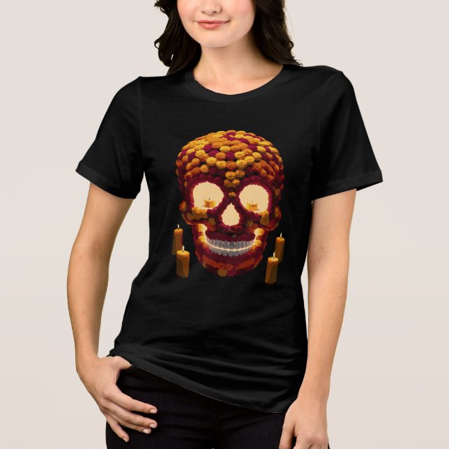 Dia de los Muertos Skull Made of Marigold Blume Tri-Blend Shirt (Vorderseite)