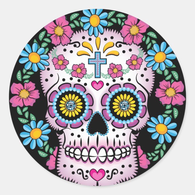 Dia de los Muertos Skull Runder Aufkleber (Vorderseite)