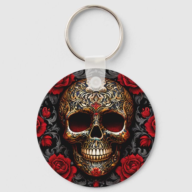 Dia de los Muertos Skull with Red Roses Schlüsselanhänger (Vorderseite)