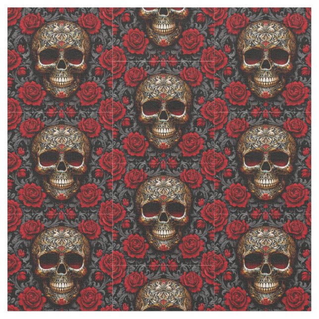 Dia de los Muertos Skulls und Rose Stoff (Nahaufnahme)