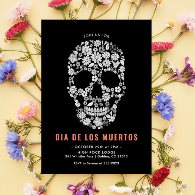 Dia de los Muertos Sugar Skull Black Floral Einladung (Von Creator hochgeladen)