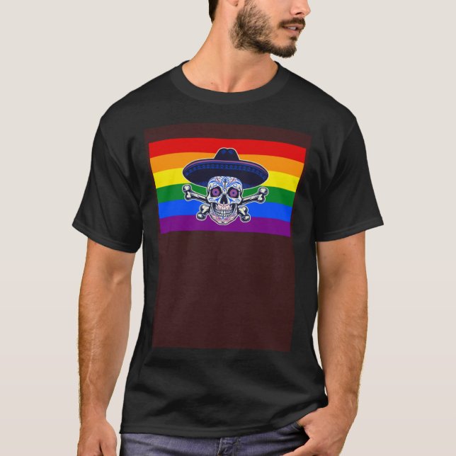 Dia De Los Muertos Sugar Skull Gay Pride Flag Mexi T-Shirt (Vorderseite)