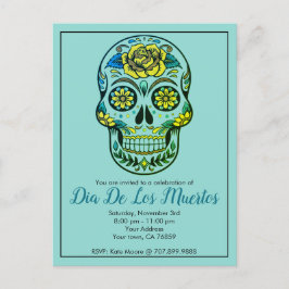 Dia de Los Muertos Sugar Skull mit Blume Blue Einladungspostkarte
