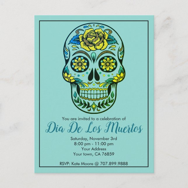 Dia de Los Muertos Sugar Skull mit Blume Blue Einladungspostkarte (Vorderseite)