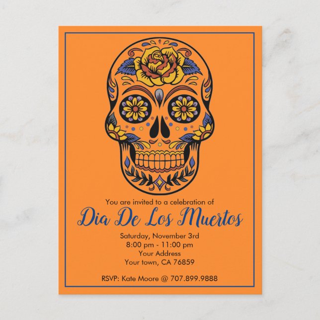 Dia De Los Muertos Sugar Skull Party Einladungspostkarte (Vorderseite)