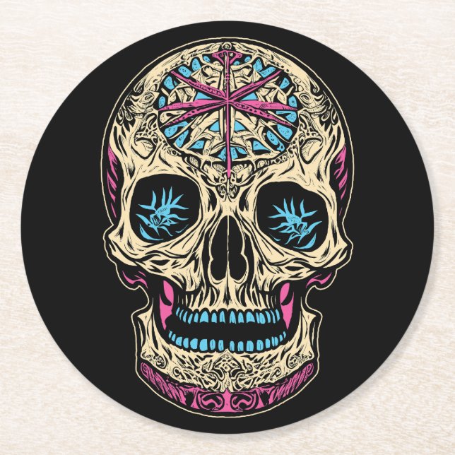 Dia De Los Muertos Sugar Skull Runder Pappuntersetzer (Vorderseite)