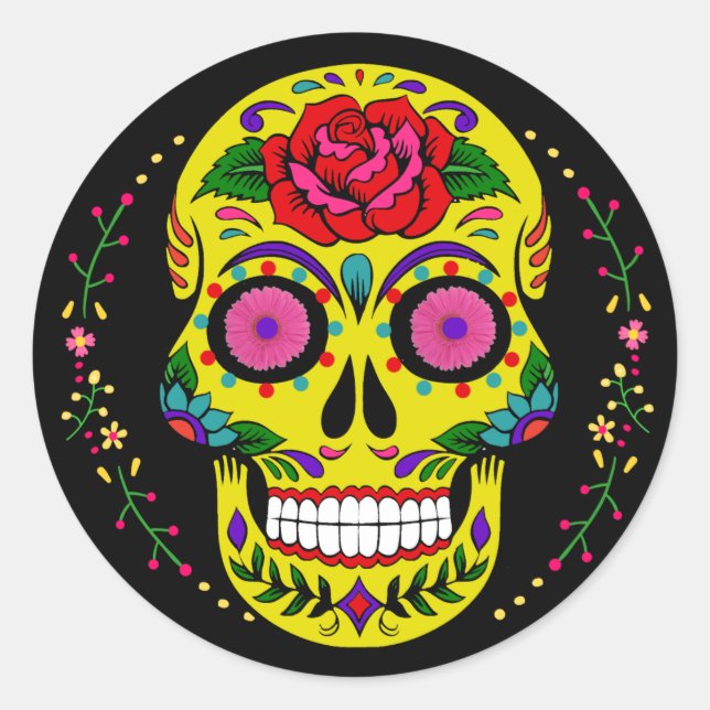 Día de los Muertos Yellow Sugar Skull Halloween Runder Aufkleber (Vorderseite)