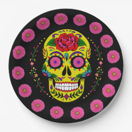 Dia de los Muertos Yellow Sugar Skull & Pink Daisy Pappteller