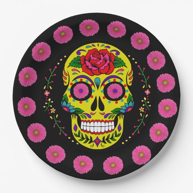 Dia de los Muertos Yellow Sugar Skull & Pink Daisy Pappteller (Vorderseite)