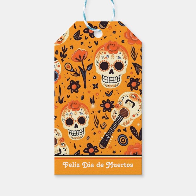 Dia de Muertos, Gitarren und Zuckerschädel orange Geschenkanhänger (Vorderseite)