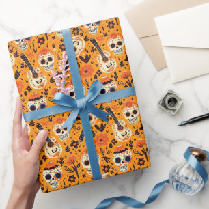 Dia de Muertos, Gitarren und Zuckerschädel orange Geschenkpapier