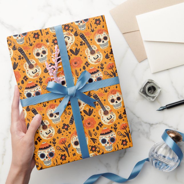 Dia de Muertos, Gitarren und Zuckerschädel orange Geschenkpapier (Schenken)