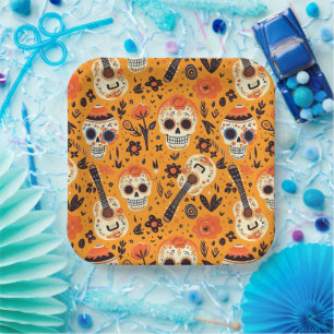 Dia de Muertos, Gitarren und Zuckerschädel orange Pappteller