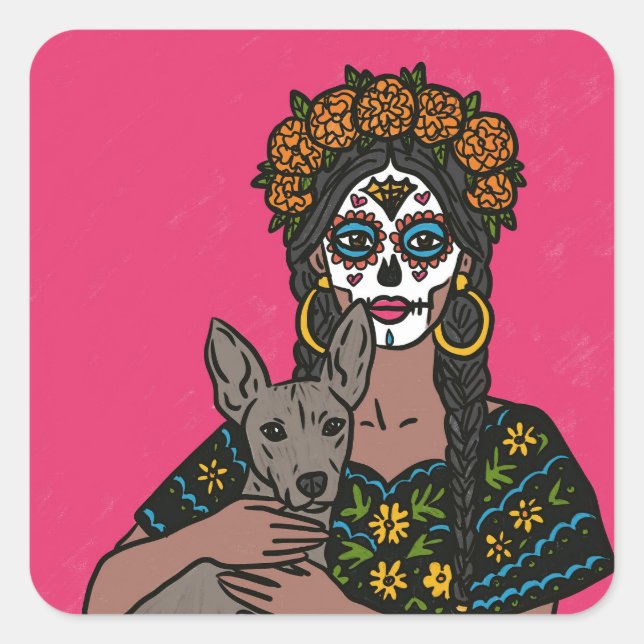 Dia de Muertos Marigold and Xolo Dog Stickers (Vorderseite)