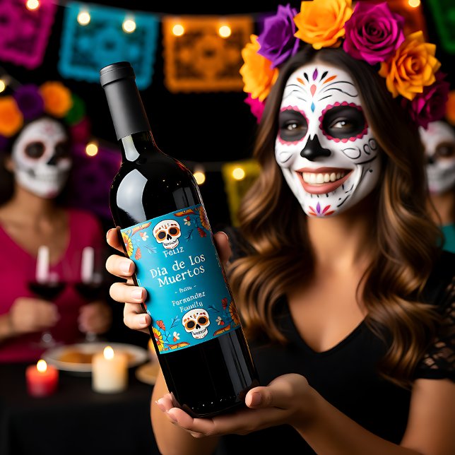 💀 🎉 Día de Muertos Party Weinetikett (💀🎉Watercolor style Día de Muertos Party Wine Label)