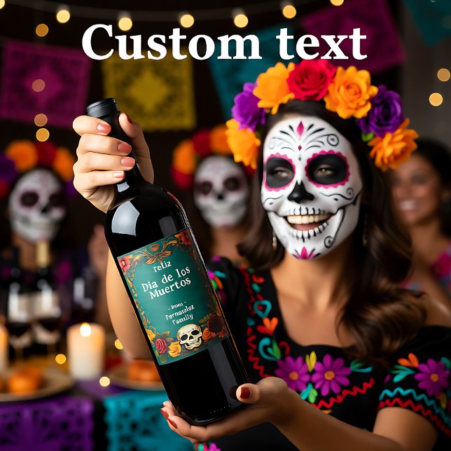 💀 🎉 Día de Muertos Party Weinetikett (Watercolor style Día de Muertos Party Wine Label)