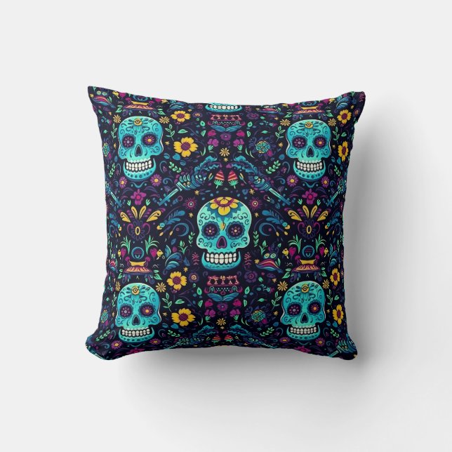 Día de Muertos Reverie: Türkis Sugar Skull Spec Kissen (Vorderseite)