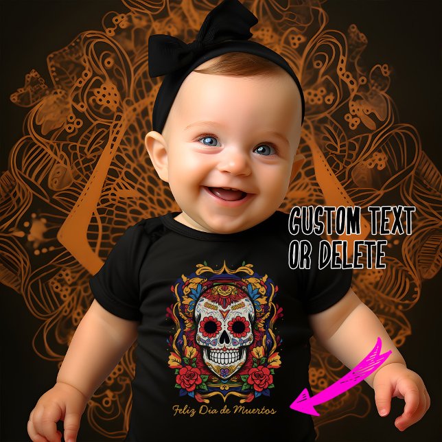 Dia de Muertos ☠️ Sugar Skull Baby Strampler (Super cite Sugar Skull baby body suit with custom text. Feliz Dia de Muertos!)