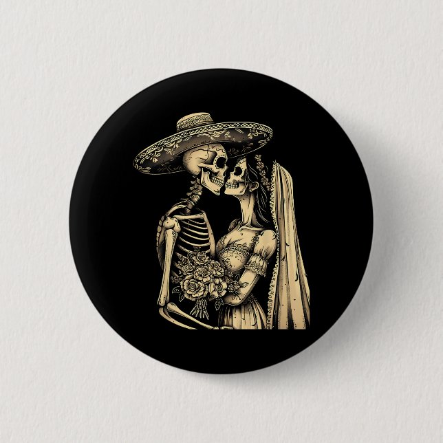 Dia De Muertos Sugar Skull Couple Skeleton Bride W Button (Vorderseite)