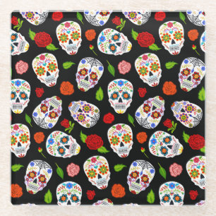 Dia Los Muertos: Zuckerschädel Muster. Glasuntersetzer