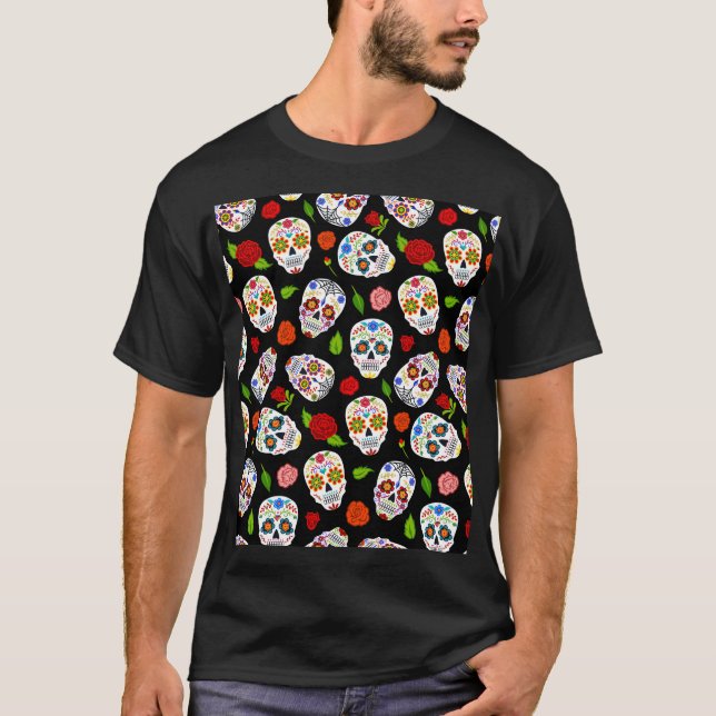 Dia Los Muertos: Zuckerschädel Muster. T-Shirt (Vorderseite)