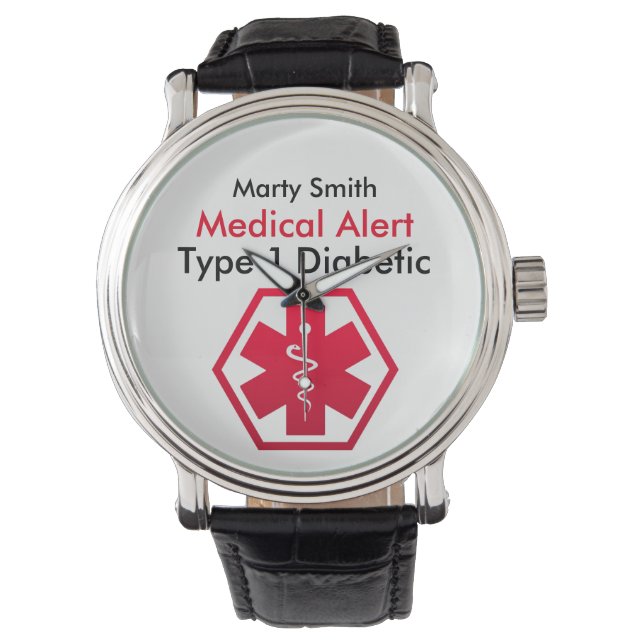 Diabetes Medizinischer Warnhinweis Typ 1 oder 2 Armbanduhr (Vorderseite)